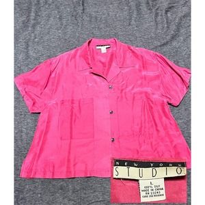 New York Studio Top Womens Large Silk Front Pockets Buttons Workcore Boxy Loose
